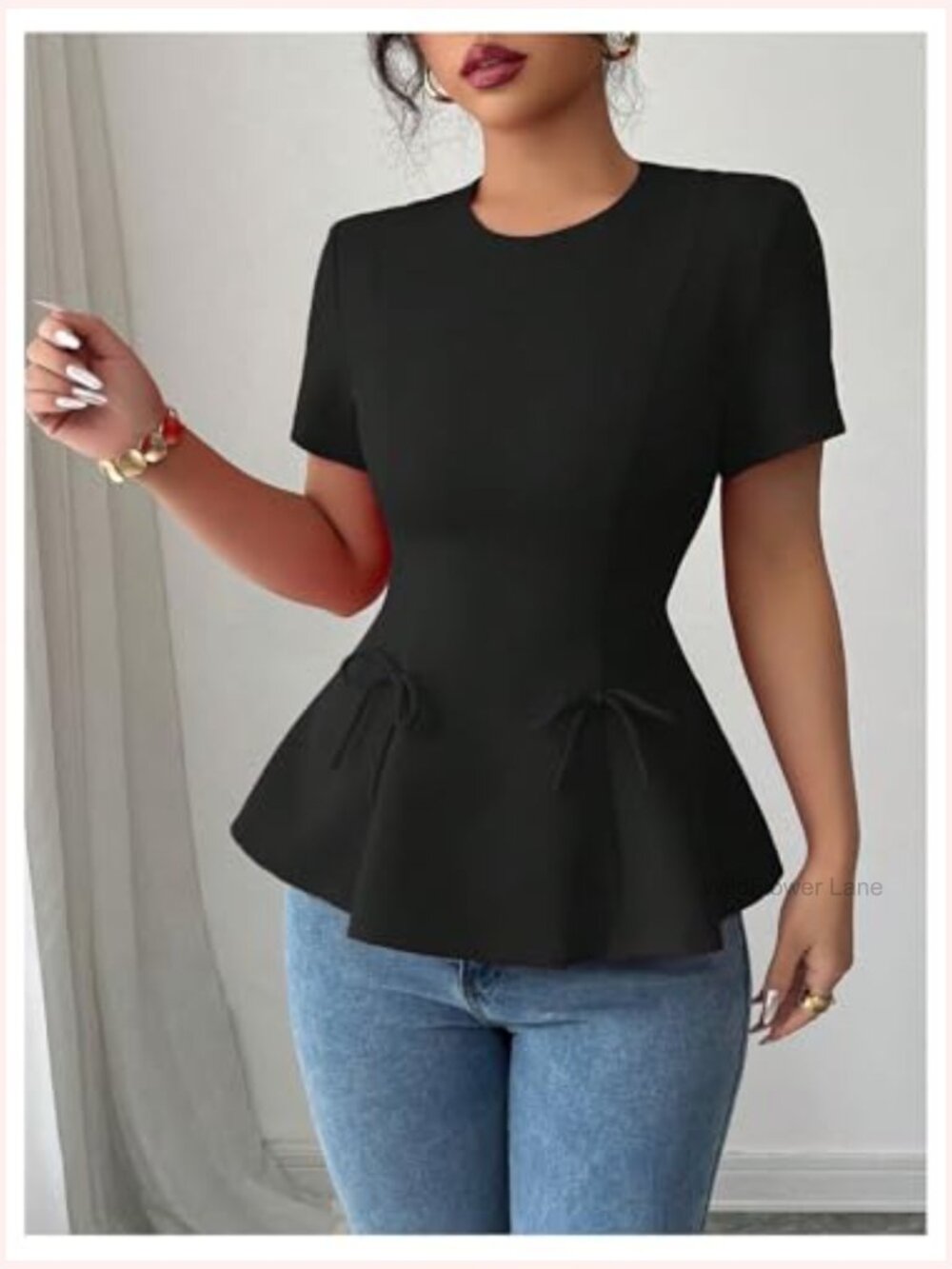 Short Sleeve Bow Peplum Blouse Crew Neck Flare Hem Dressy Casual Tops - Picture 5 of 6